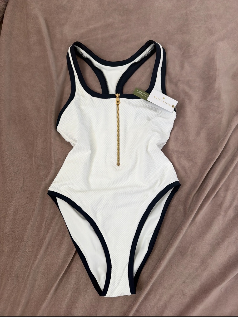 Heidi Klein White and Navy Zip-Front One-Piece Swimsuit